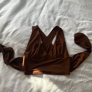 Urban Outfitters Brown Satin Plunge Tie back Top